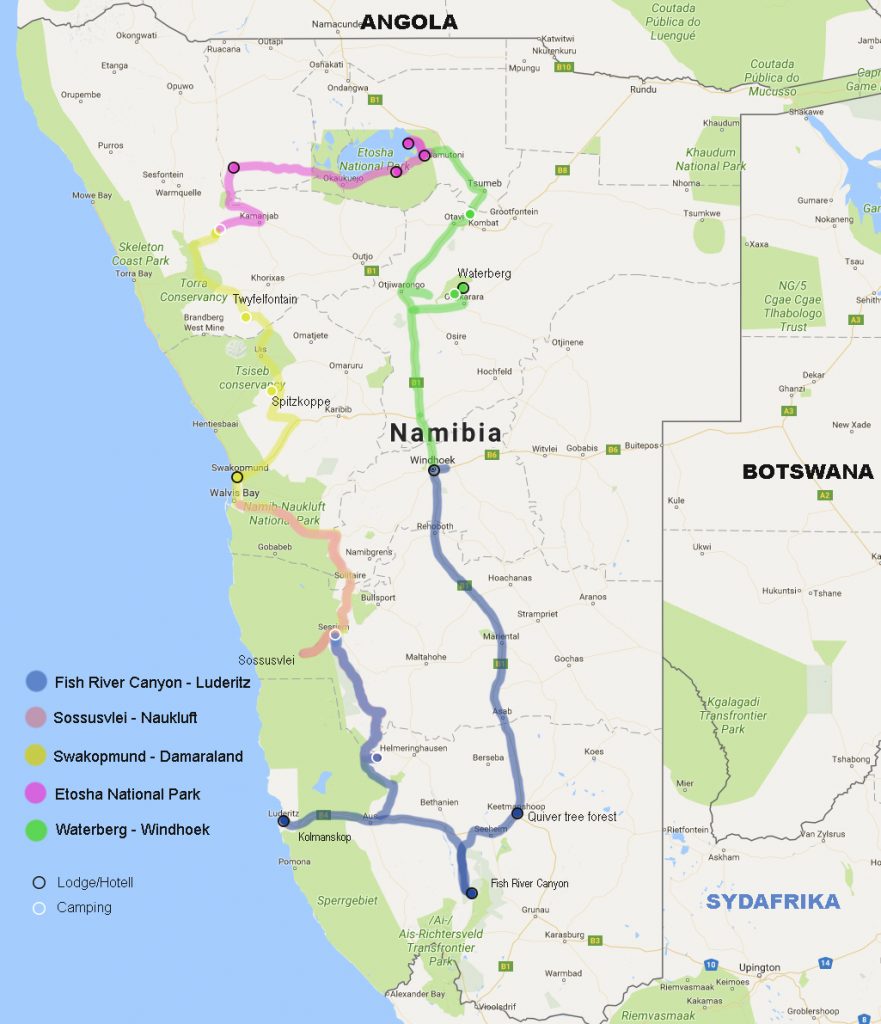 Vår rutt i Namibia. Den här första delen åkte vi på blå vägar