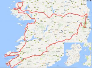 Kartan visar vår rutt under de 8 dagarna vi besökte Irland i maj 2015.